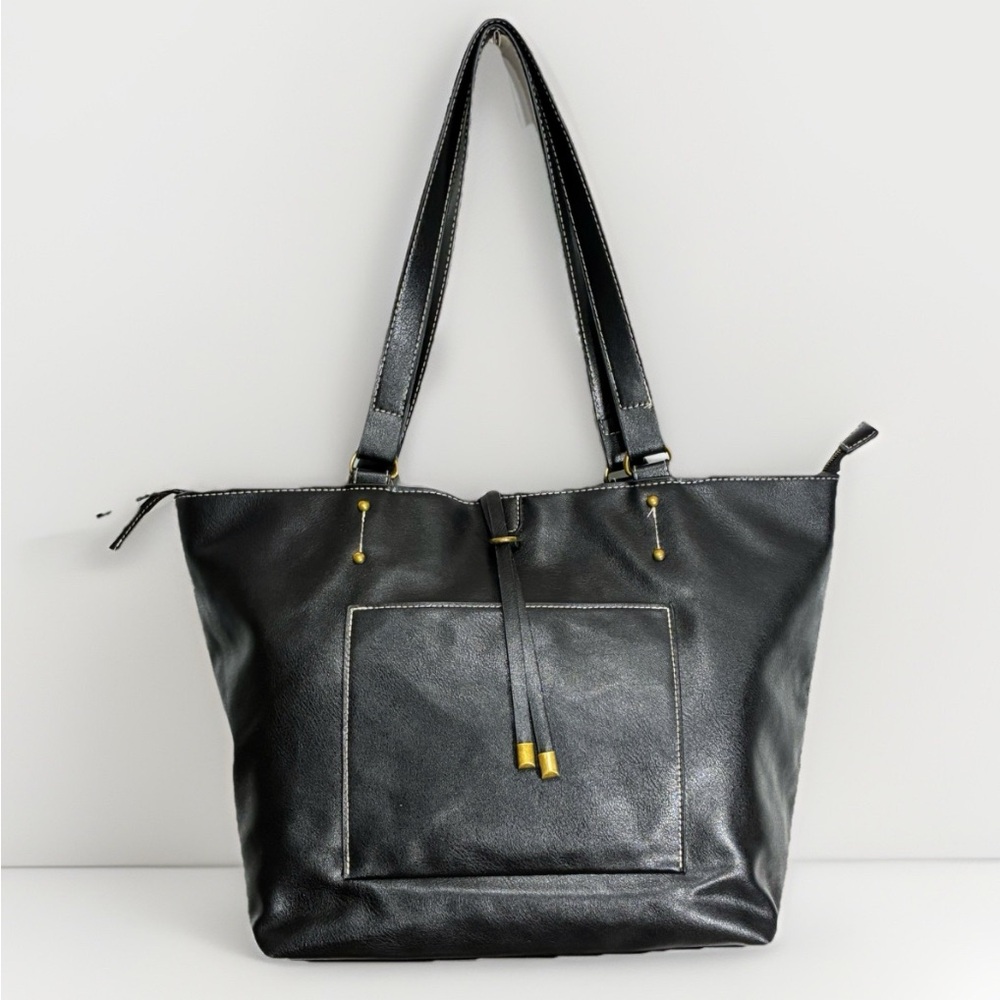Black PVC leather tote purse with stitch accent very nice large mint condition